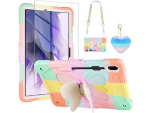 for Samsung Galaxy Tab S8 PlusS7 FE Case 124 inch with Screen ProtectorButterfly KickstandLanyardKeychainPencil Holder Rugged Case for Kids Girls for S8 PlusS7 FE S7 Plus Rose Gold