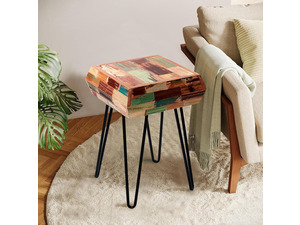 Multicolor Square Wood Drum Side Table 14" x 14" x 20" H Reclaimed Wooden Coffee End Table Vintage Handmade Accent Table Rustic Plant Stand Living Room Bedroom Patio Home Decor Outdoor