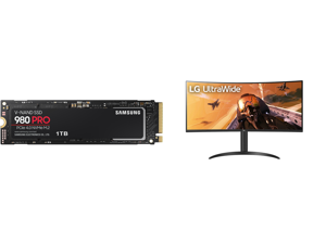 SAMSUNG 980 PRO M.2 2280 1TB PCI-Express Gen 4.0 x4 NVMe 1.3c Samsung V-NAND 3-bit MLC Internal Solid State Drive (SSD) MZ-V8P1T0B/AM and LG 34WP75C-B 34" 3440 x 1440 (2K) Curved UltraWide™ QHD HDR 10 160Hz USB Type-C™ Monitor with AMD Free