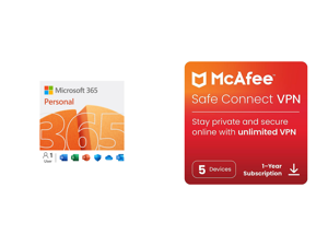 Microsoft 365 Personal 12-Month Subscription with 1TB OneDrive Storage for 1 User, Premium Office Apps [PC/Mac Digital Download] + McAfee Safe Connect Secure VPN 2023 - 5 Devices / 1 Year - Download