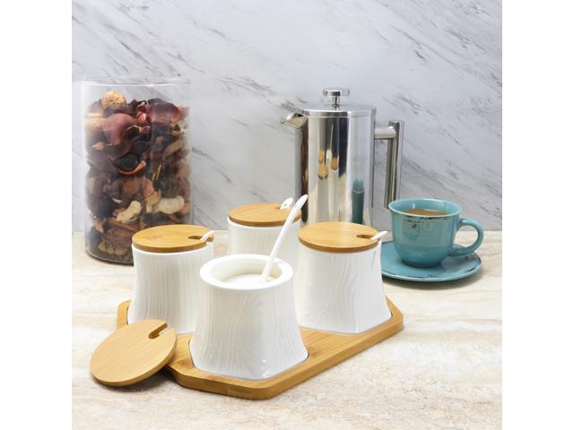 Elama Ceramic Spice, Jam and Salsa Jars with Bamboo Lids & Serving Spoons EL-379