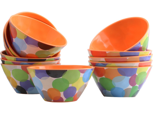 Gibson Overseas Studio California Party Circles 12 Piece 6 inch Melamine Bowl Set in Orange Deco