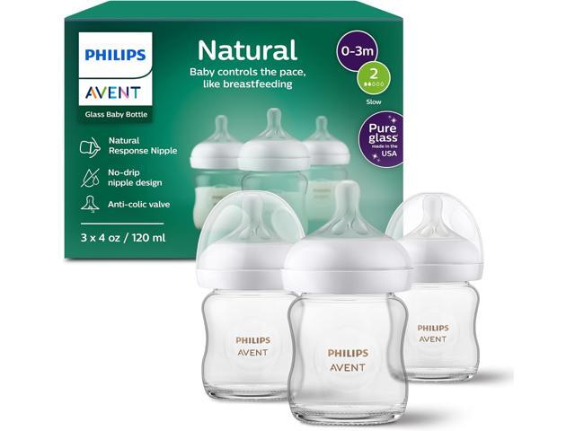 Philips Avent Natural Glass Baby Bottles with Natural Response Nipples (Slow Flow, Flow 2), 4oz, 3-pack, SCY910/03