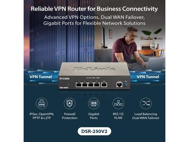D-Link Gigabit VPN Router Perfect for Remote Work 4 Port Gigabit Dual WAN Failover Enterprise-Grade Encryption TAA/NDAA Compliant (DSR-250V2)