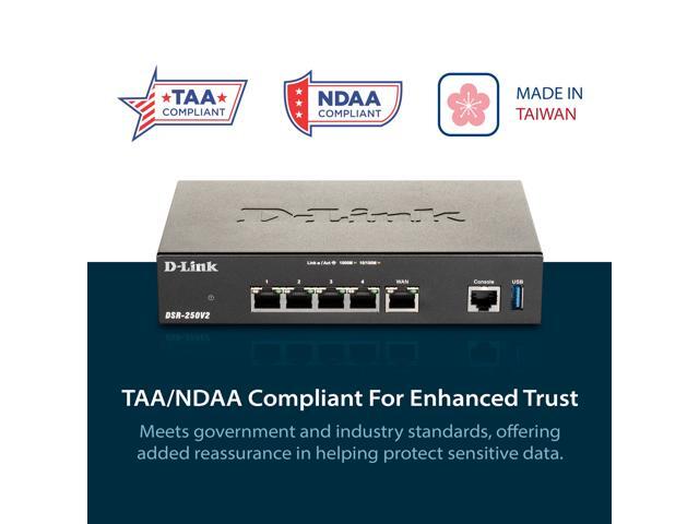 D-Link Gigabit VPN Router Perfect for Remote Work 4 Port Gigabit Dual WAN Failover Enterprise-Grade Encryption TAA/NDAA Compliant (DSR-250V2)