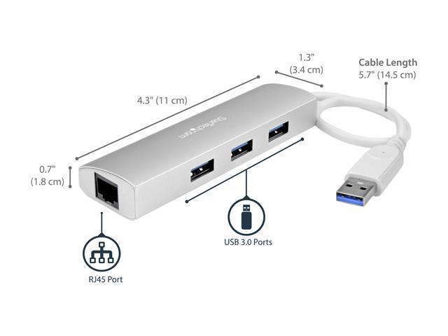 StarTech. com ST3300G3UA 3 Port Portable USB 3.0 Hub plus Gigabit Ethernet - Built-In Cable - Aluminum USB Hub with GbE Adapter - Compact USB 3 Hub