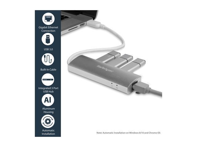 StarTech. com ST3300G3UA 3 Port Portable USB 3.0 Hub plus Gigabit Ethernet - Built-In Cable - Aluminum USB Hub with GbE Adapter - Compact USB 3 Hub