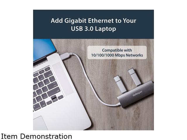 StarTech. com ST3300G3UA 3 Port Portable USB 3.0 Hub plus Gigabit Ethernet - Built-In Cable - Aluminum USB Hub with GbE Adapter - Compact USB 3 Hub