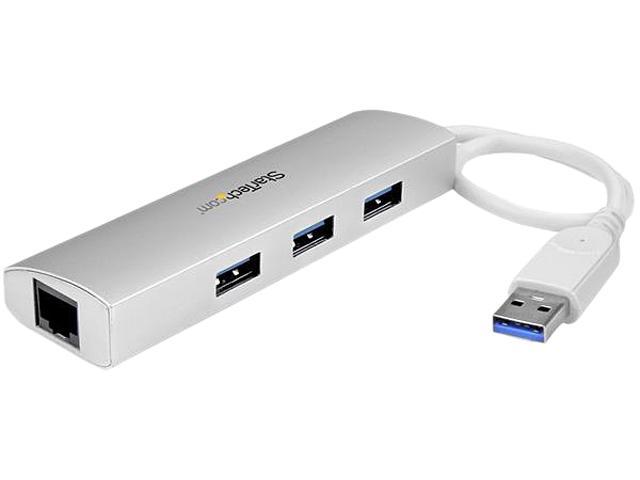 StarTech.com ST3300G3UA 3 Port Portable USB 3.0 Hub plus Gigabit Ethernet - Built-In Cable - Aluminum USB Hub with GbE Adapter - Compact USB 3 Hub