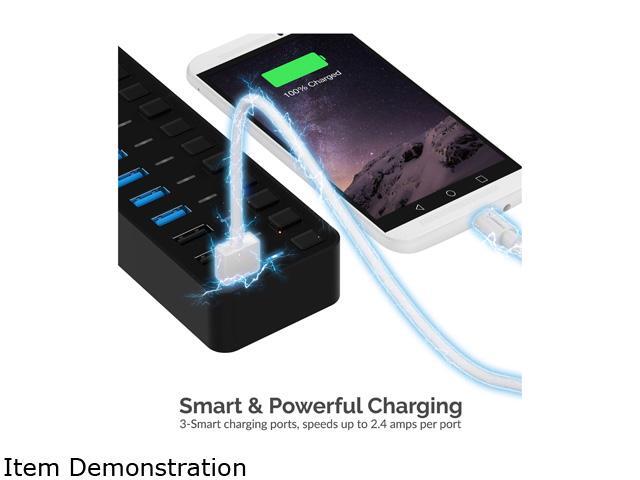 SABRENT 60W 10 Port USB 3.0 Hub Includes 3 Smart Charging Ports with Individual Power Switches and LEDs and 60W 12V/5A Power Adapter (HB-B7C3)