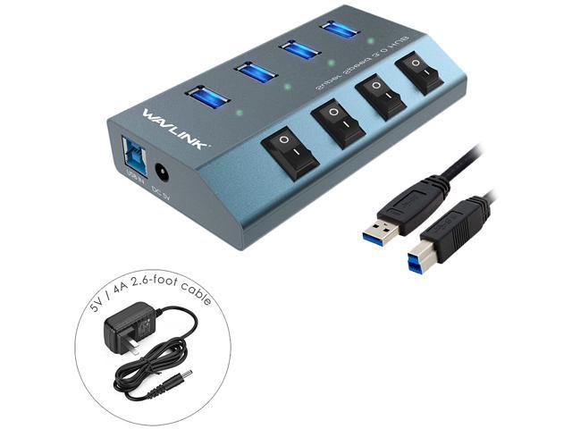 Wavlink 4-Port USB 3.0 Aluminum Hub with 2.4A Fast Charging, Independent switch and Power Adapter, LED indicator SuperSpeed Up to 5Gbps, For.