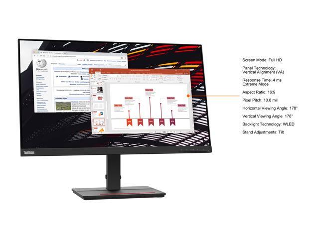 Lenovo ThinkVision S24e-20 24' (23.8' Viewable) Full HD 1920 x 1080 WLED LCD Monitor - 16:9 - 60 Hz - 4 ms - Raven Black (62AEKAT2US)