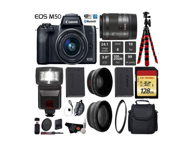 Canon EOS M50 Mirrorless Digital Camera with 15-45mm Lens + Flash + UV FLD CPL Filter Kit + Wide Angle & Telephoto Lens + Camera Case + Tripod +...