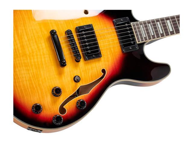 Monoprice Indio Boardwalk Flamed Maple Hollow Body Electric Guitar - Sunburst, With Gig Bag