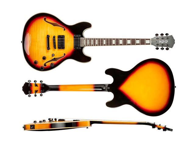 Monoprice Indio Boardwalk Flamed Maple Hollow Body Electric Guitar - Sunburst, With Gig Bag