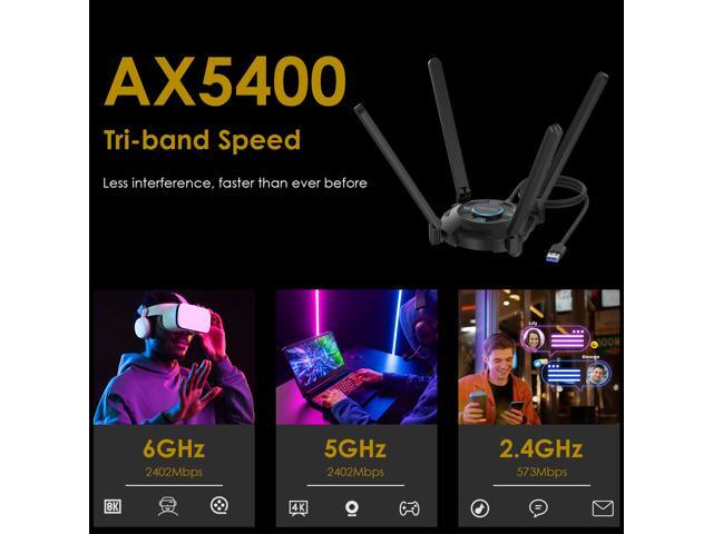 WAVLINK AX5400 USB 3.0 WiFi Adapter, Wi-Fi 6E Tri-band 2.4/5/6GHz Wireless Network Adapter with 4 High Gain 5dBi Antennas, WPA3 for PC, Desktop,...