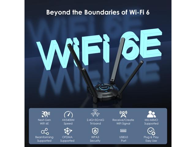 WAVLINK AX5400 USB 3.0 WiFi Adapter, Wi-Fi 6E Tri-band 2.4/5/6GHz Wireless Network Adapter with 4 High Gain 5dBi Antennas, WPA3 for PC, Desktop,...