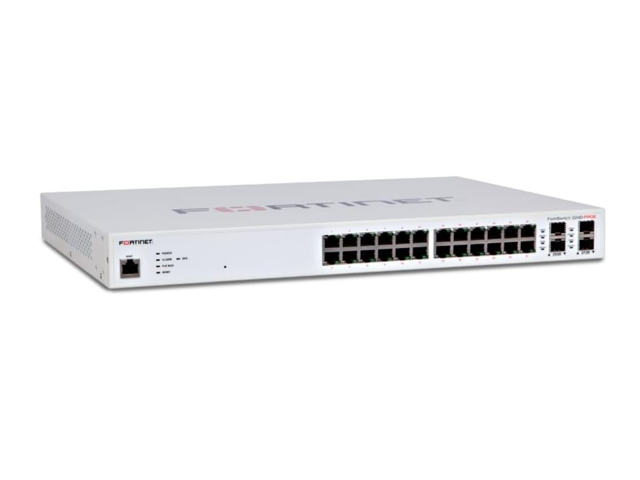 Fortinet FortiSwitch-224D-FPOE, Layer 2/3 FortiGate switch controller compatible PoE+ switch with 24 GE RJ45 + 4 SFP ports, 24 port PoE FS-224D-FPOE