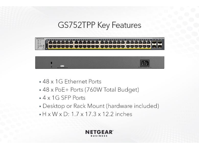 Netgear GS752TPP 48-Port Gigabit PoE+ Smart Switch with Remote/Cloud Management and 4 SFP Ports (760W), GS752TPP-300NAS