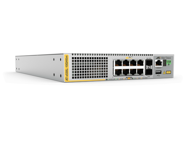 Allied Telesis L3 Stackable Switch - 8x 100M/1/2.5/5G PoE++ - 2x SFP+ ports and a single fixed power supply - TAA - AT-X530L-10GHXM-90