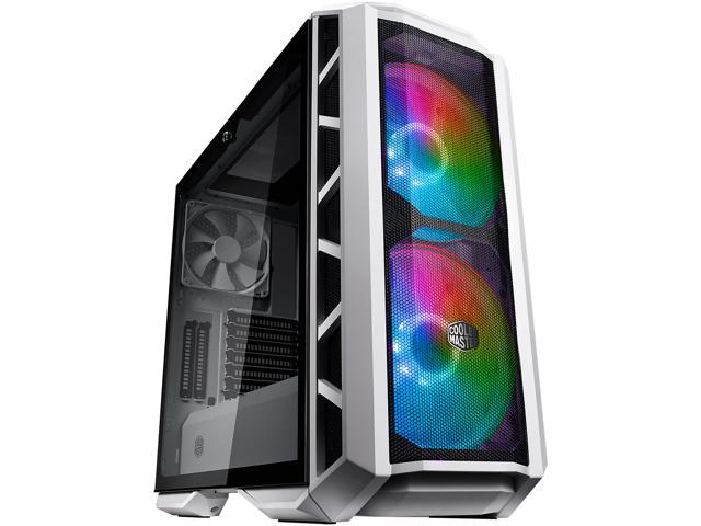 Cooler Master MasterCase H500P Mesh White ARGB Airflow ATX Mid-Tower with Dual 200mm ARGB Lighting Fans, Mesh Front Panel, and Tempered Glass Side.
