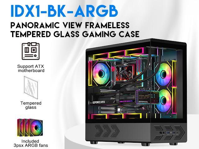 DIYPC IDX1-BK-ARGB Black USB3.0/ Type C Tempered Glass ATX Gaming Computer Case w/ Dual Tempered Glass Panel and 3 x ARGB PWM Fans (Pre-Installed)