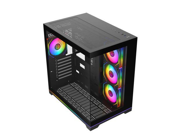 DIYPC ARGB-DC200-BK Black USB3.0 Tempered Glass ATX Dual Chamber Gaming Computer Case w/ 4 x ARGB PWM Fans (Pre-Installed) and ARGB Light Strip at...