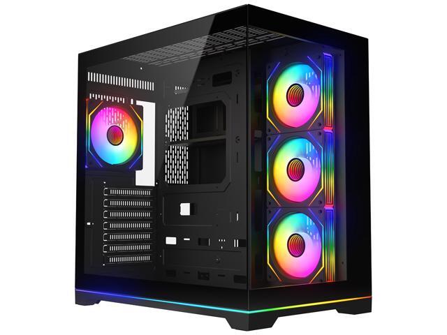 DIYPC ARGB-DC200-BK Black USB3.0 Tempered Glass ATX Dual Chamber Gaming Computer Case w/ 4 x ARGB PWM Fans (Pre-Installed) and ARGB Light Strip at...