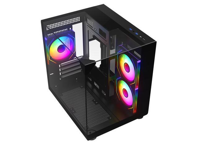 DIYPC ARGB-DC100-BK Black Dual USB3.0 Tempered Glass Micro ATX Gaming Computer Case w/ 3 x ARGB PWM Fans (Pre-Installed)