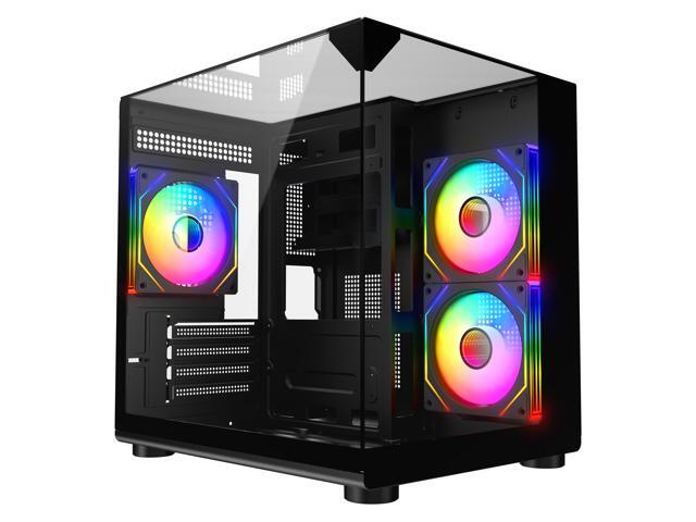 DIYPC ARGB-DC100-BK Black Dual USB3.0 Tempered Glass Micro ATX Gaming Computer Case w/ 3 x ARGB PWM Fans (Pre-Installed)