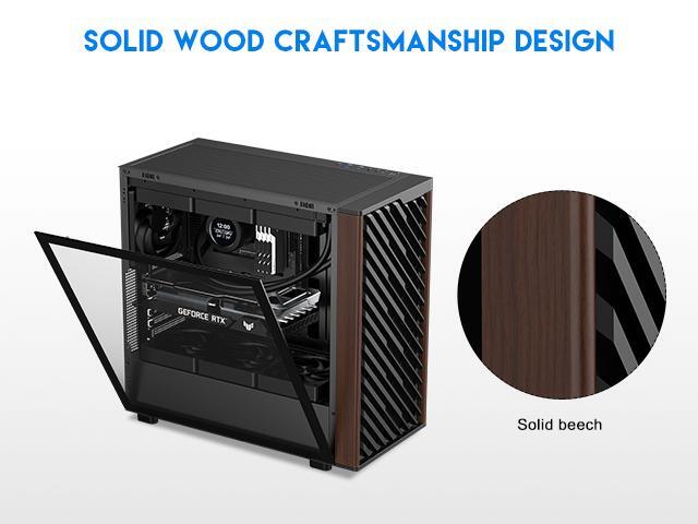 DIYPC DIY-ATX28-Wood Black USB3.0 /Type C ATX Mid Tower Gaming Computer Case w/ Tempered Glass Side Panel and Walnut Wood Front Panel