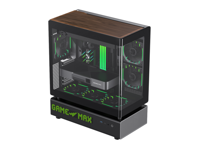 GAMEMAX GAMEMAX N90 Modular Dual-Chamber PC Case with 512-LED Display N90 BG Black case. 270° Curved Glass & BTF Support.
