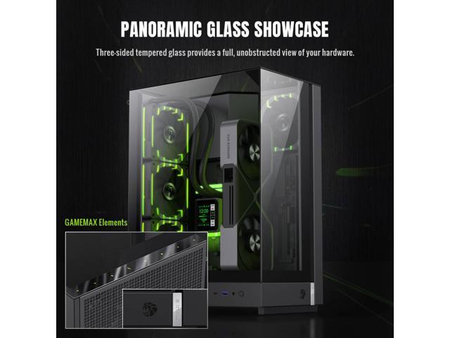 GAMEMAX T20 BK Black case. Three-sided tempered glass offers a full, unobstructed view of your hardware. 90° rotated motherboard layout enhances...
