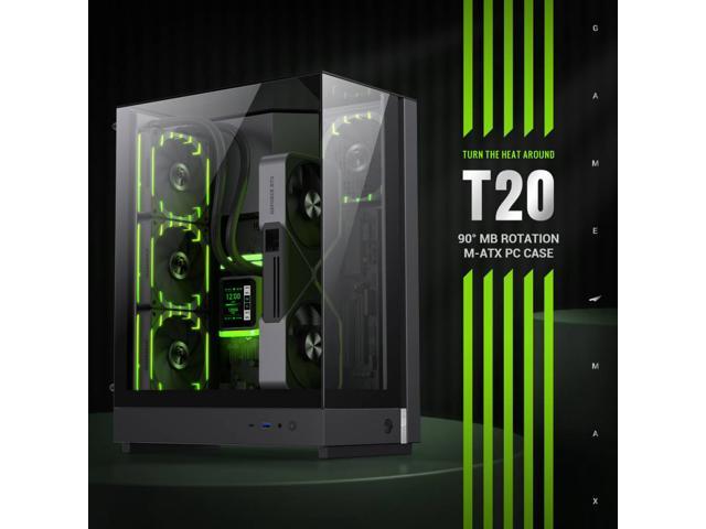 GAMEMAX T20 BK Black case. Three-sided tempered glass offers a full, unobstructed view of your hardware. 90° rotated motherboard layout enhances...
