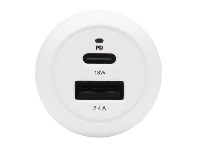 Dual-Port USB Car Charger - 30W PD Charging, USB-C (18W) & USB-A (12W), USB-C to Lightning Cable, White