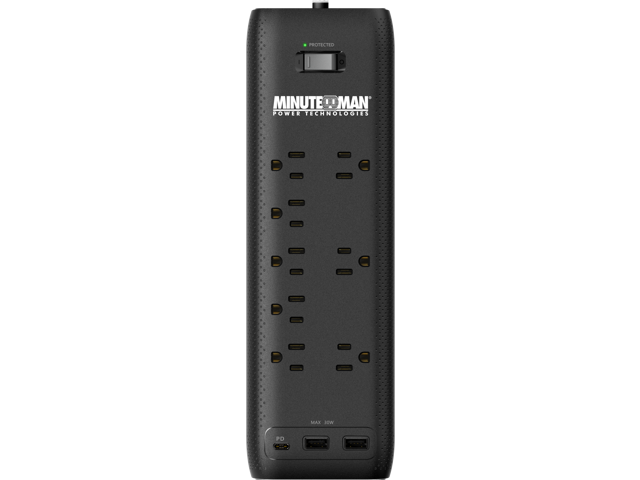 Minuteman MMS-STP8U3 MMS 8-outlet surge protector, (8) grounded outlets - (3) are transformer spaced, (2) USB Type A & (1) USB Type C Chargers, 5V...