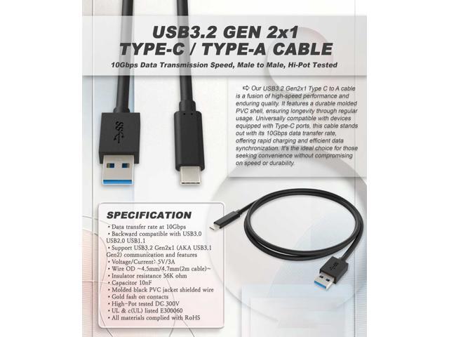 Nippon Labs 6 inch. USB Type C 3.2 Gen 2 Male to Type A Male Cable,10G, 3A, BLACK USB Type-C to A Cable