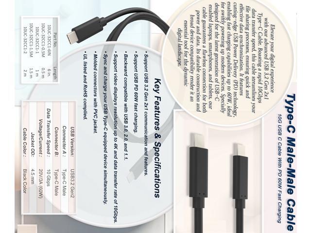 Nippon Labs 1.5 Meters USB 3.2 Gen 2x1 10G Type-C Male to Male Cable With USB PD Fast Charging, 10G, 20V, 3A, 60W, BLACK Type C cable