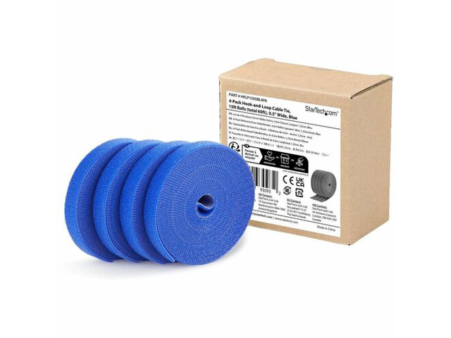StarTech 4-pack 15ft (4.6m) Hook and Loop Roll - 0.5in Wide - Blue - Cut-to-Size Reusable Cable Ties - Fastener Tape - Bulk Roll - HKLP1505BL4PK