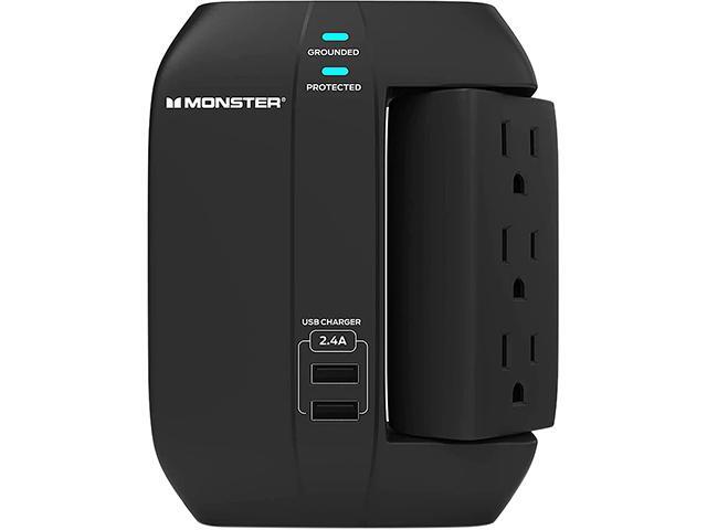 MONSTER MWS1-1002-CAN 6 Outlet + 2 USB-A Outlets 1200 Joules Essentials Wall Tap Surge Protector, 6 AC, 2 USB-A, 1-side Swivel Sockets, Black