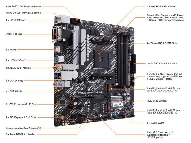 ASUS PRIME B550M-A AC AMD AM4 mATX motherboard with impressive features, including PCIe 4.0, dual M.2 slots, WiFi, HDMI, D-Sub, DVI, SATA 6 Gbps,...