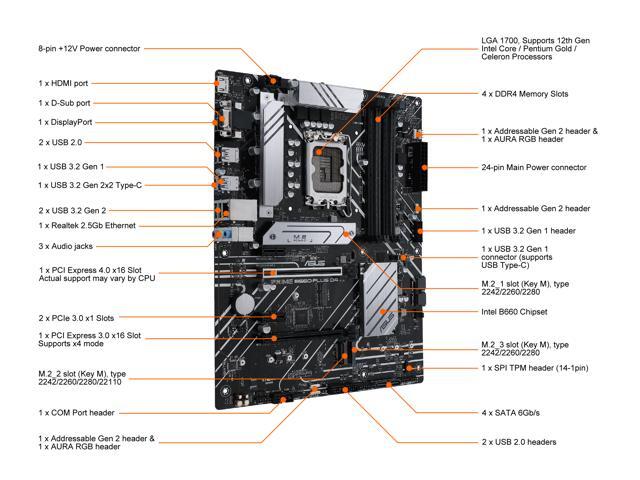 ASUS PRIME B660-PLUS D4 LGA 1700 (Intel 12th & 13th Gen) ATX Motherboard (PCIe 4.0, DDR4, 3xM.2 slots, 2.5Gb LAN, rear USB 3.2 Gen 2x2 Type-C,...