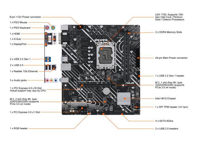 ASUS PRIME H610M-E D4 LGA 1700 (Intel 12th & 13th Gen) mATX Motherboard (PCIe 4.0, DDR4, 2xM.2 slots, 1Gb LAN, DisplayPort/HDMI/D-Sub, USB 3.2 Gen...