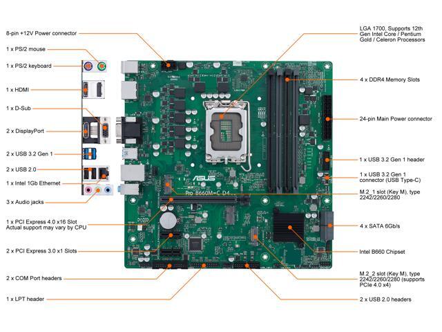 ASUS Pro B660M-C D4-CSM LGA 1700 (Intel 12th & 13th Gen) Micro-ATX Commercial Motherboard (PCIe 4.0, DDR4, 2xM.2 slots, M.2 slot only (Key E), front...