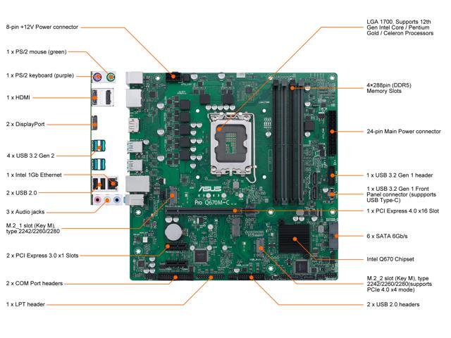 ASUS Pro Q670M-C-CSM LGA 1700 (Intel 12th & 13th Gen & Intel vPro) mATX Commercial Motherboard (PCIe 4.0, DDR5 4800, 2xNVMe SSD M.2 slots, 4xUSB...