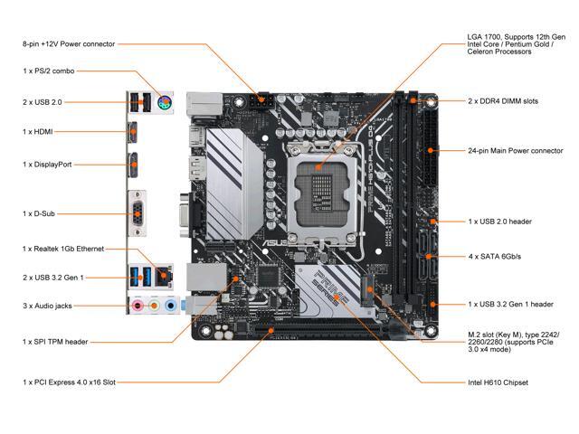 ASUS PRIME H610I-PLUS D4 LGA 1700 (Intel 12th & 13th Gen & Intel vPro) mini ITX Motherboard (PCIe 4.0, DDR4, USB 3.2 Gen 1 Type-A, M.2 slot, 1 Gb...