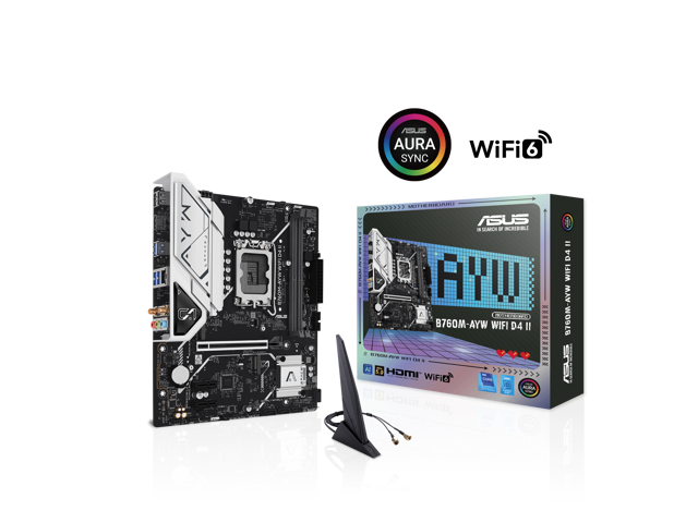 ASUS B760M-AYW WIFI D4 II Intel B760 (LGA 1700) microATX mATX motherboard, PCIe 5.0 x16 Support, two M.2 slots, DDR4, Realtek 2.5Gb Ethernet, Wi-Fi...