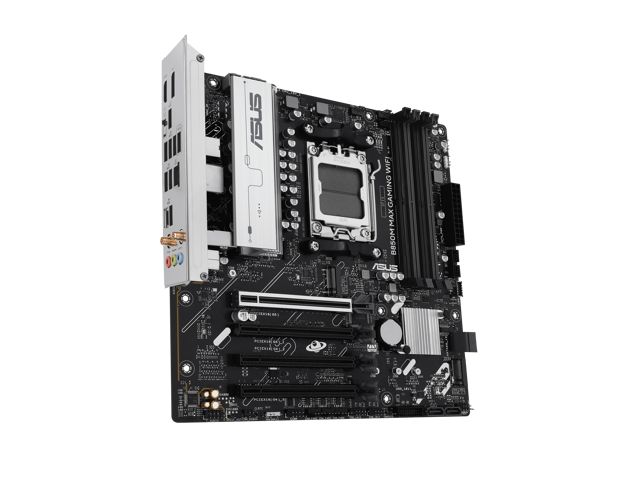 ASUS B850M MAX GAMING WIFI AMD AM5 B850 mATX motherboard, DDR5, PCIe 5.0 Ready, 3x M.2 slots, Wi-Fi 6, Realtek 1Gb Ethernet, DisplayPort, HDMI, USB...
