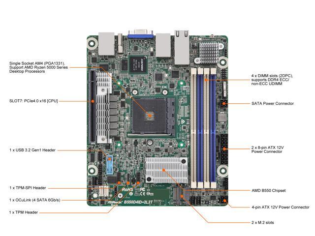 AsRock Rack B550D4ID-2L2T Deep mini-ITX Server Motherboard AMD Ryzen 5000 Series AM4 (PGA 1331) B550 Dual 1GbE+10GbE