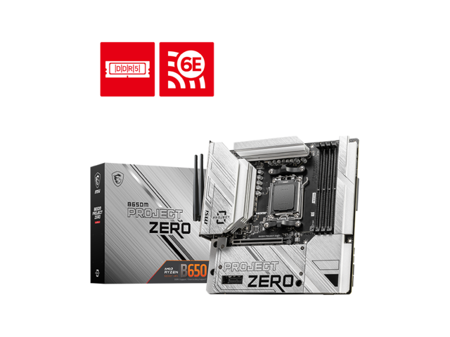 MSI B650M PROJECT ZERO AM5 AMD B650 Ryzen 7000 SATA DDR5 PCI-E x16 slot 2x M.2 Wi-Fi 6E Bluetooth 6Gb/s mATX Back Connect Design Motherboard